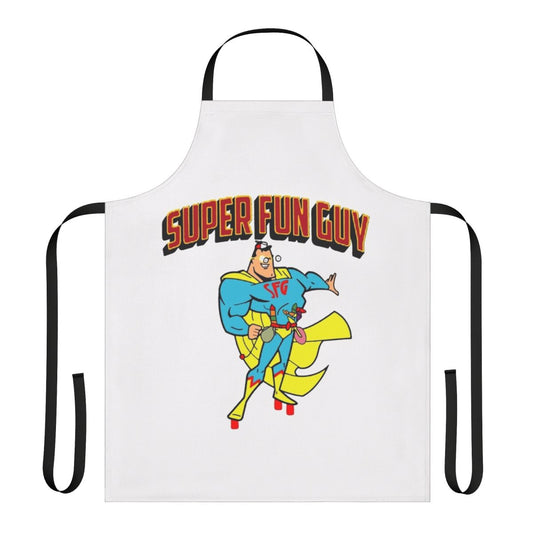 Whimsical apron featuring a comic book-style superhero design