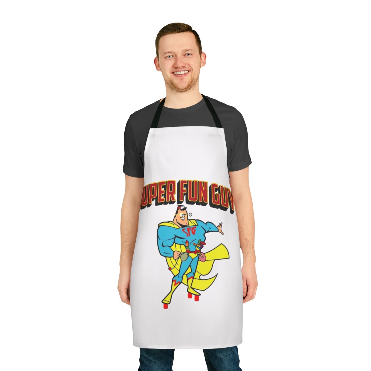 Whimsical apron featuring a comic book-style superhero design