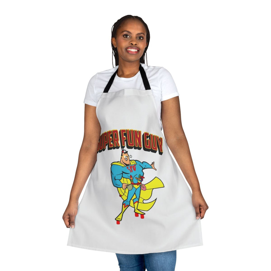 Whimsical apron featuring a comic book-style superhero design