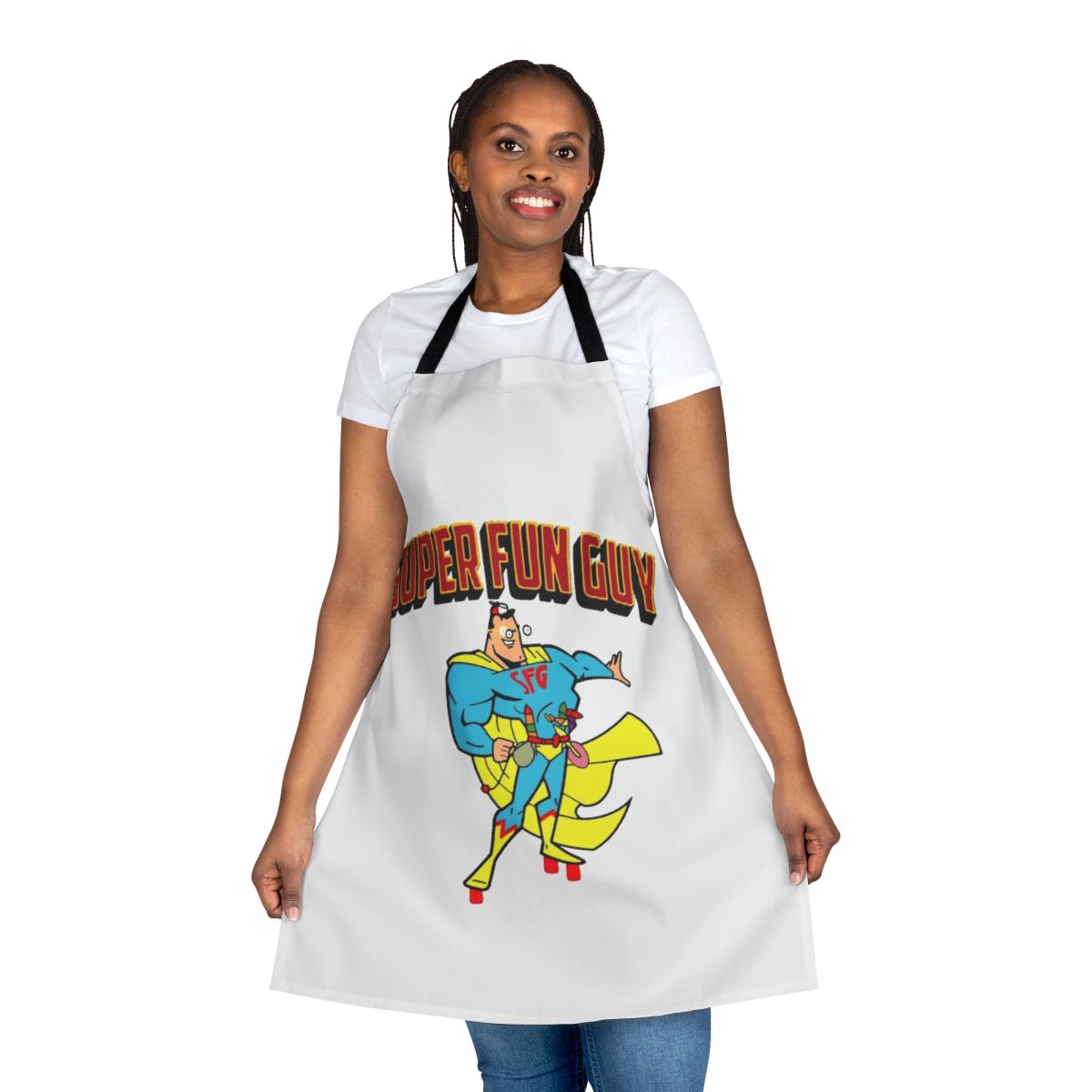 Whimsical apron featuring a comic book-style superhero design