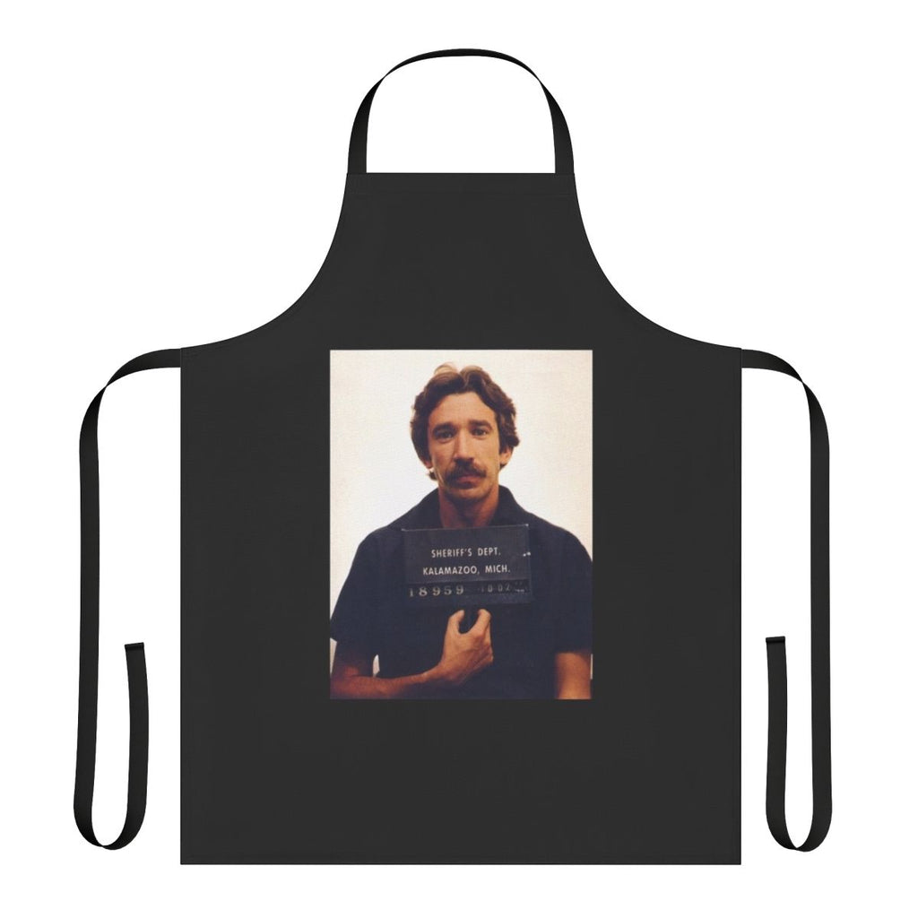 Humorous apron featuring a parody of comedian Tim Allen's mugshot