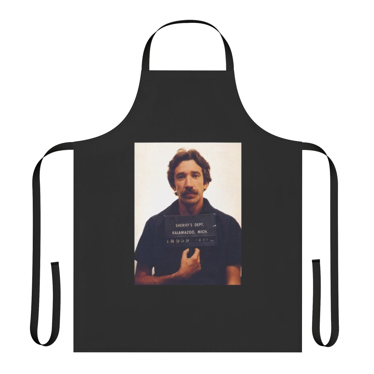 Humorous apron featuring a parody of comedian Tim Allen's mugshot