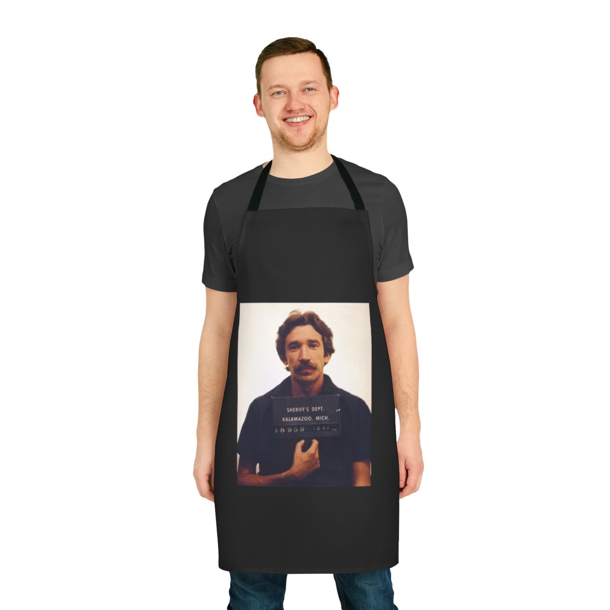 Humorous apron featuring a parody of comedian Tim Allen's mugshot