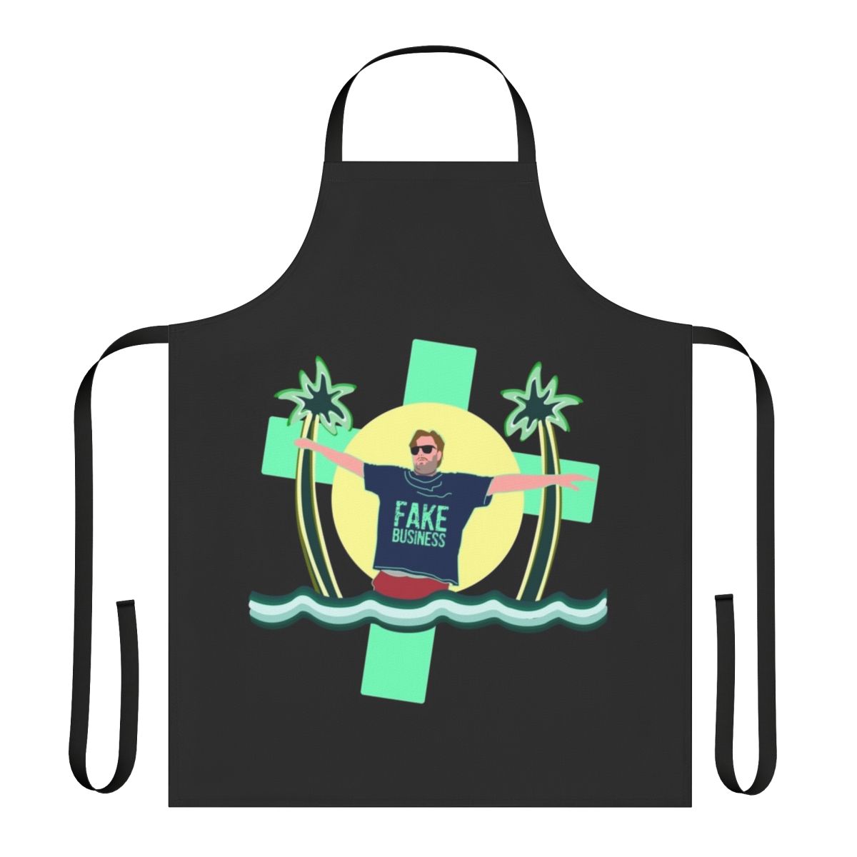 "Humorous Tim Dillon-inspired apron with dark, ironic beach design"