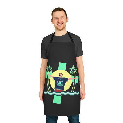 "Humorous Tim Dillon-inspired apron with dark, ironic beach design"