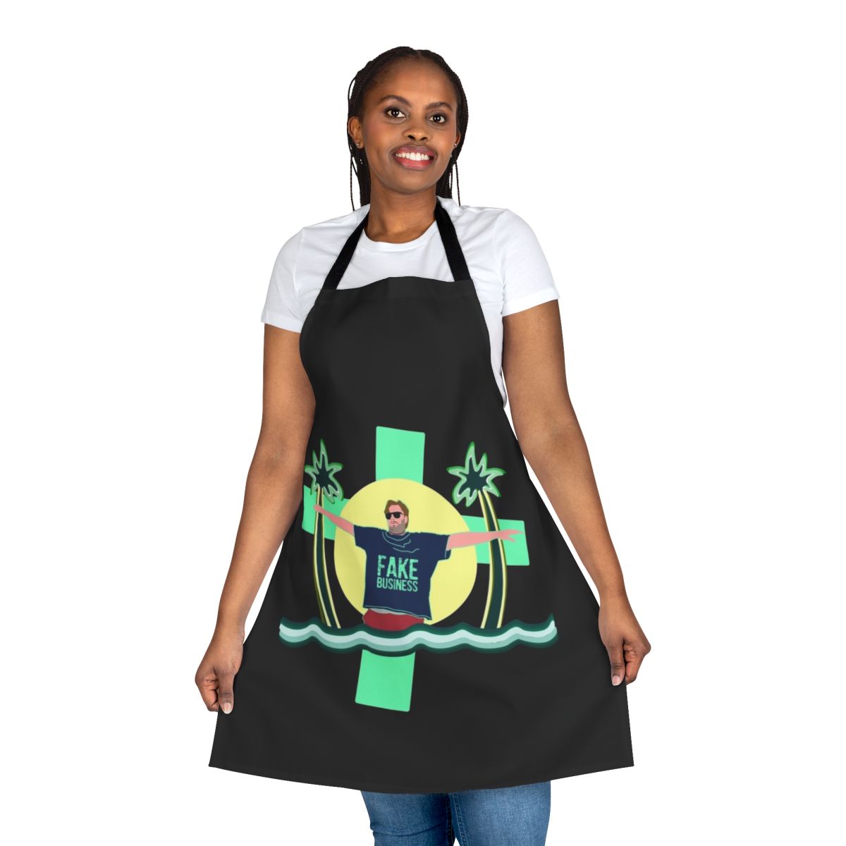 "Humorous Tim Dillon-inspired apron with dark, ironic beach design"