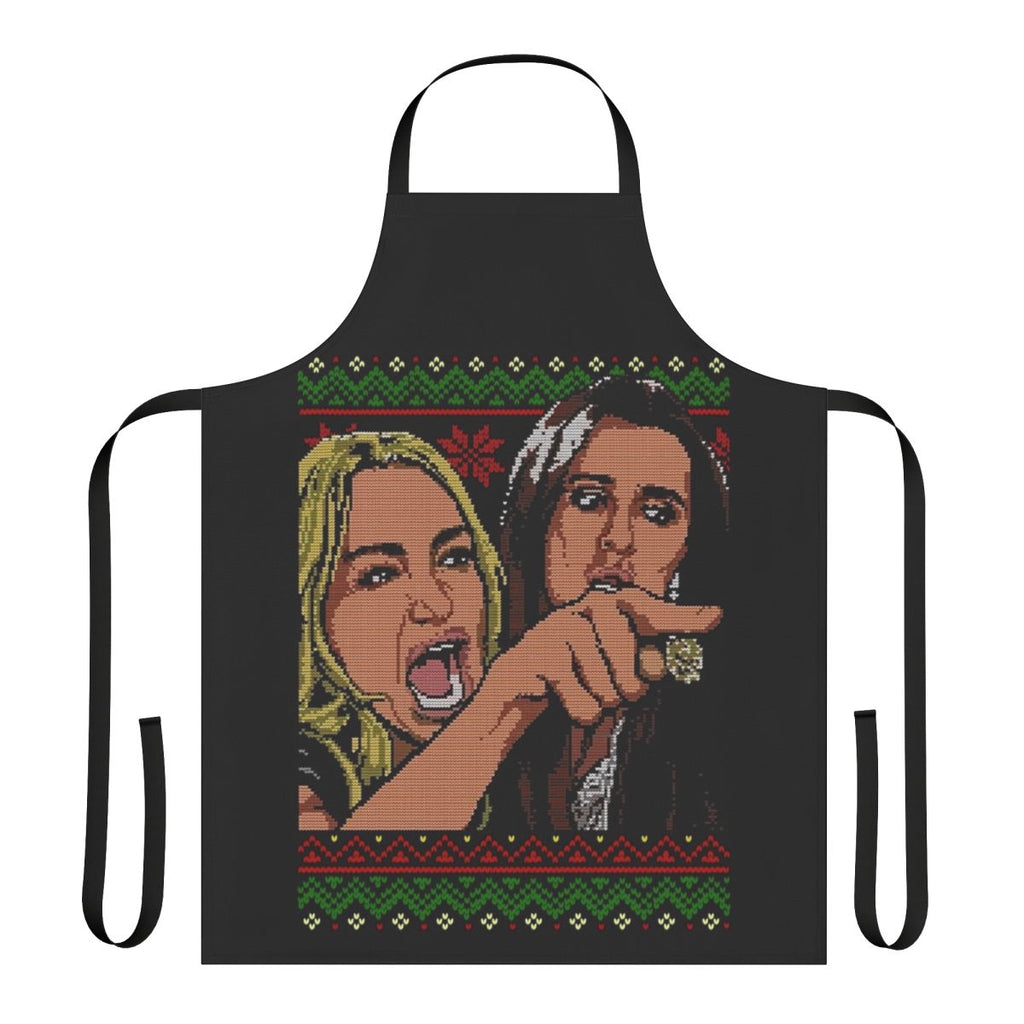 Whimsical woman yelling at a cat meme-inspired apron with humorous holiday design