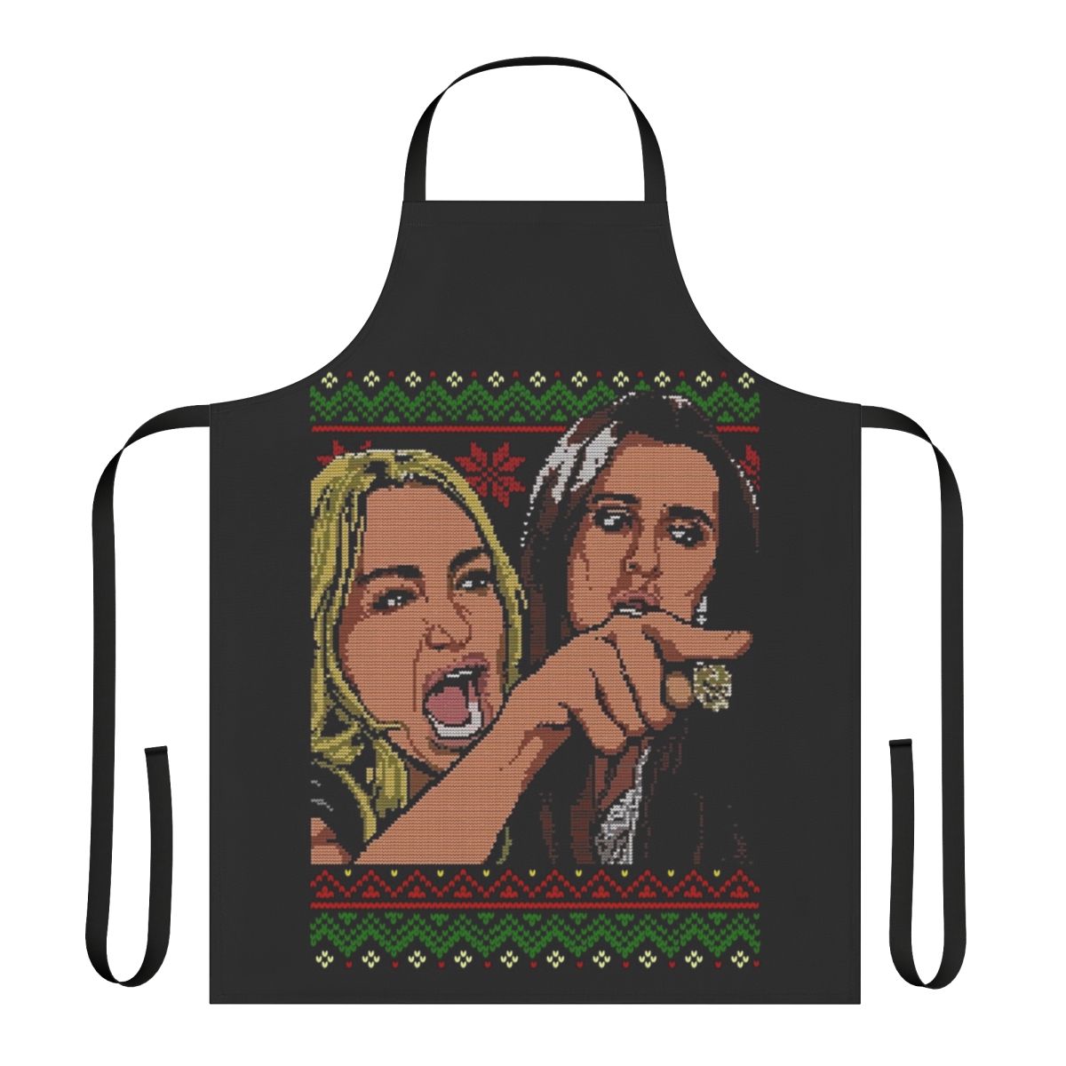 Whimsical woman yelling at a cat meme-inspired apron with humorous holiday design