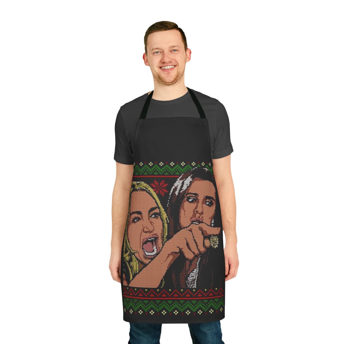 Whimsical woman yelling at a cat meme-inspired apron with humorous holiday design