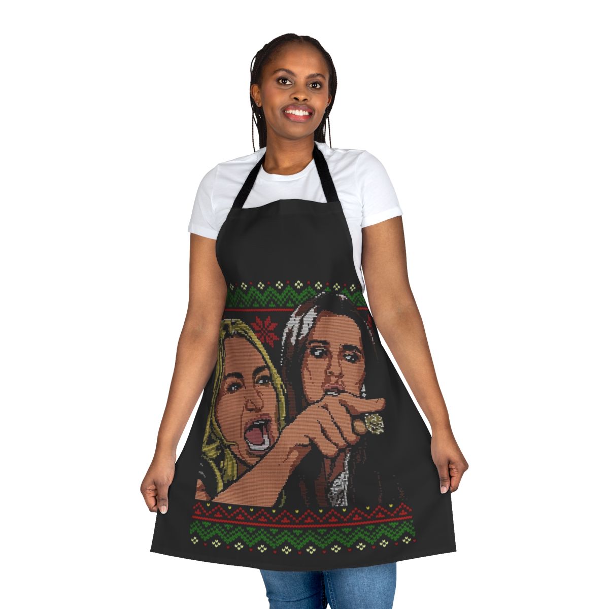 Whimsical woman yelling at a cat meme-inspired apron with humorous holiday design