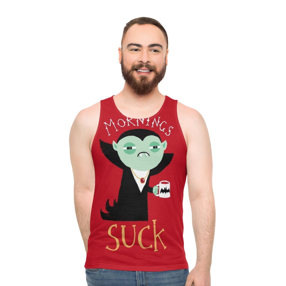 Funny unisex tank top with "Mornings Suck" vampire coffee design