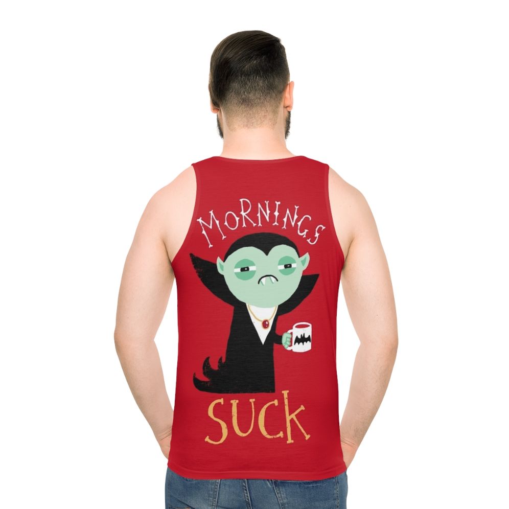 Funny unisex tank top with "Mornings Suck" vampire coffee design
