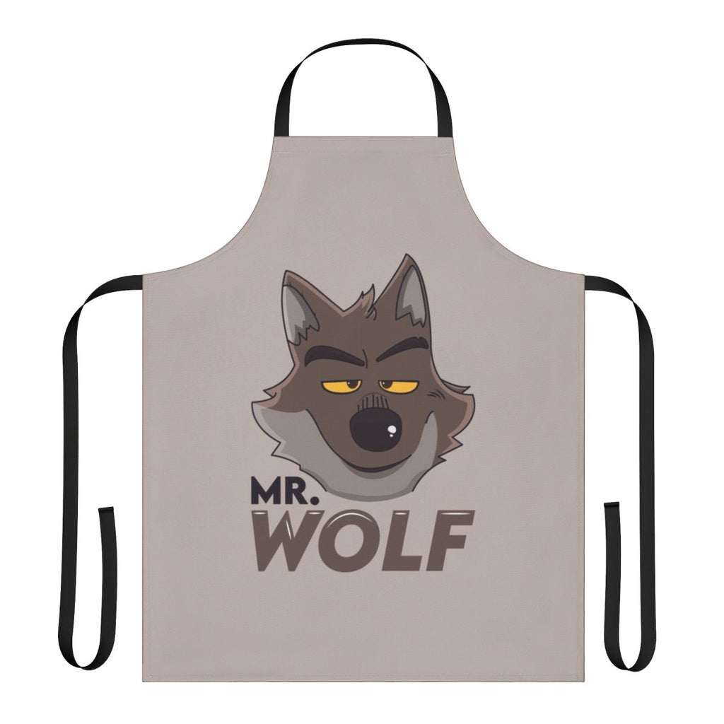 Anthropomorphic gray wolf character wearing a chef's hat, printed on a high-quality kitchen apron