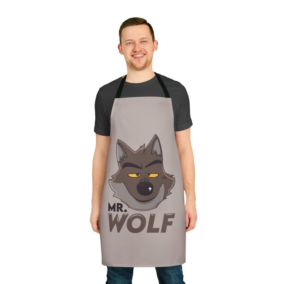Anthropomorphic gray wolf character wearing a chef's hat, printed on a high-quality kitchen apron