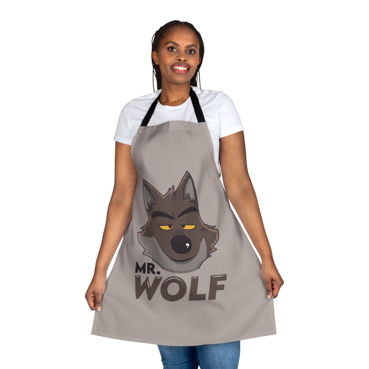 Anthropomorphic gray wolf character wearing a chef's hat, printed on a high-quality kitchen apron