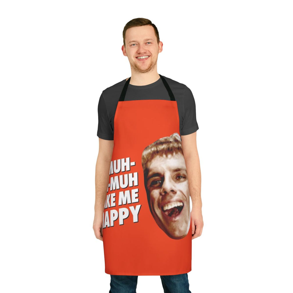 Funny "You Make Me Happy" apron inspired by the Simple Jack character from the movies Zoolander and Tropic Thunder