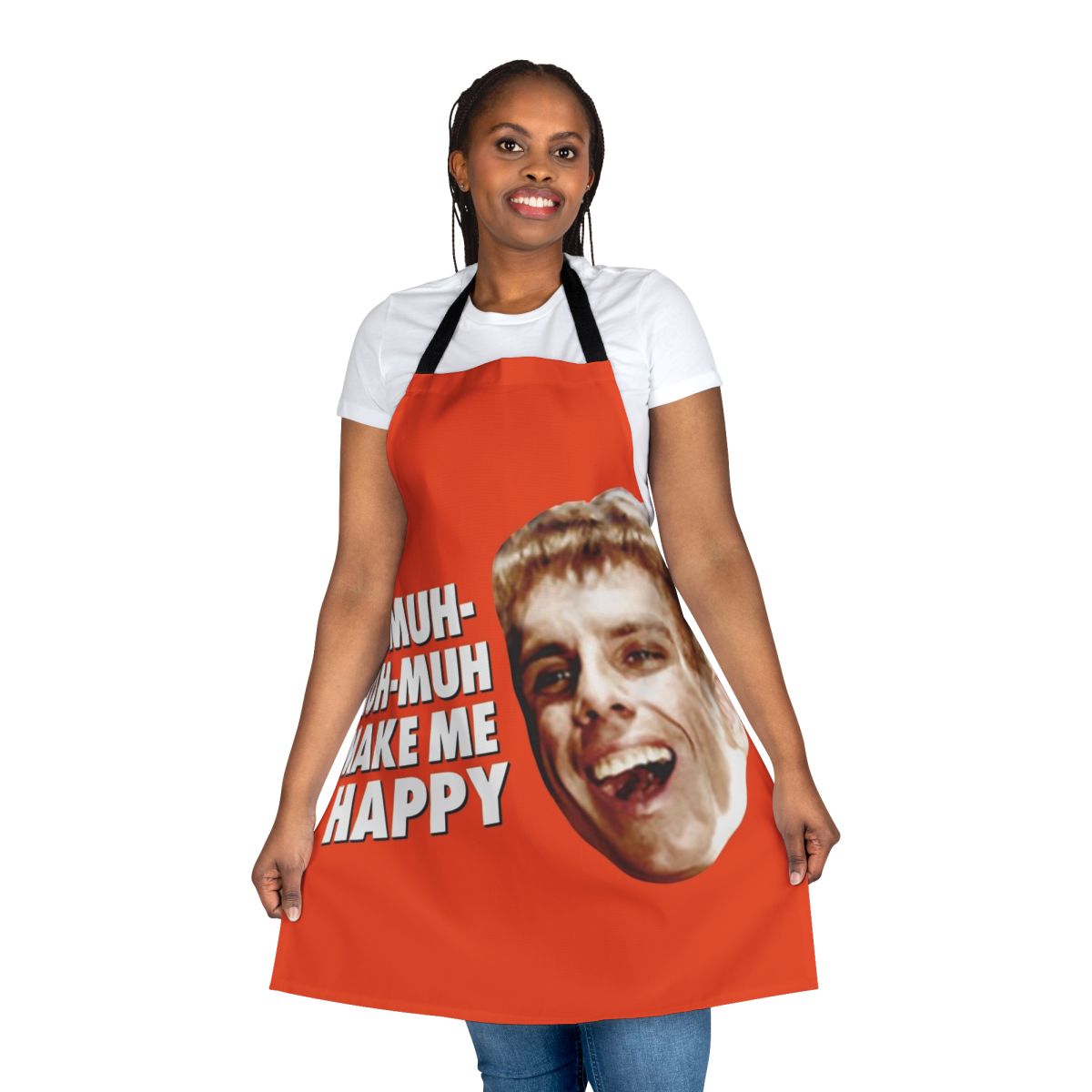 Funny "You Make Me Happy" apron inspired by the Simple Jack character from the movies Zoolander and Tropic Thunder