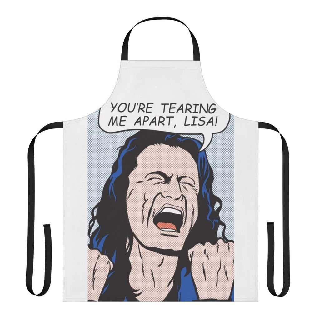 Humorous "You're Tearing Me Apart" pop art style apron featuring a drowning girl image and quotes from the cult film The Disaster Artist.