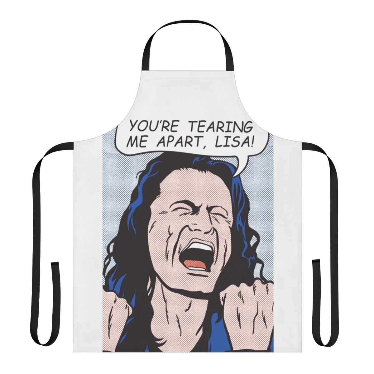 Humorous "You're Tearing Me Apart" pop art style apron featuring a drowning girl image and quotes from the cult film The Disaster Artist.