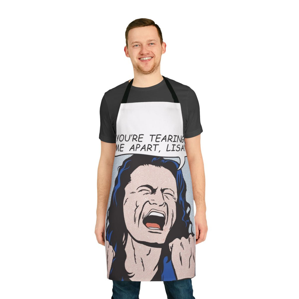 Humorous "You're Tearing Me Apart" pop art style apron featuring a drowning girl image and quotes from the cult film The Disaster Artist.