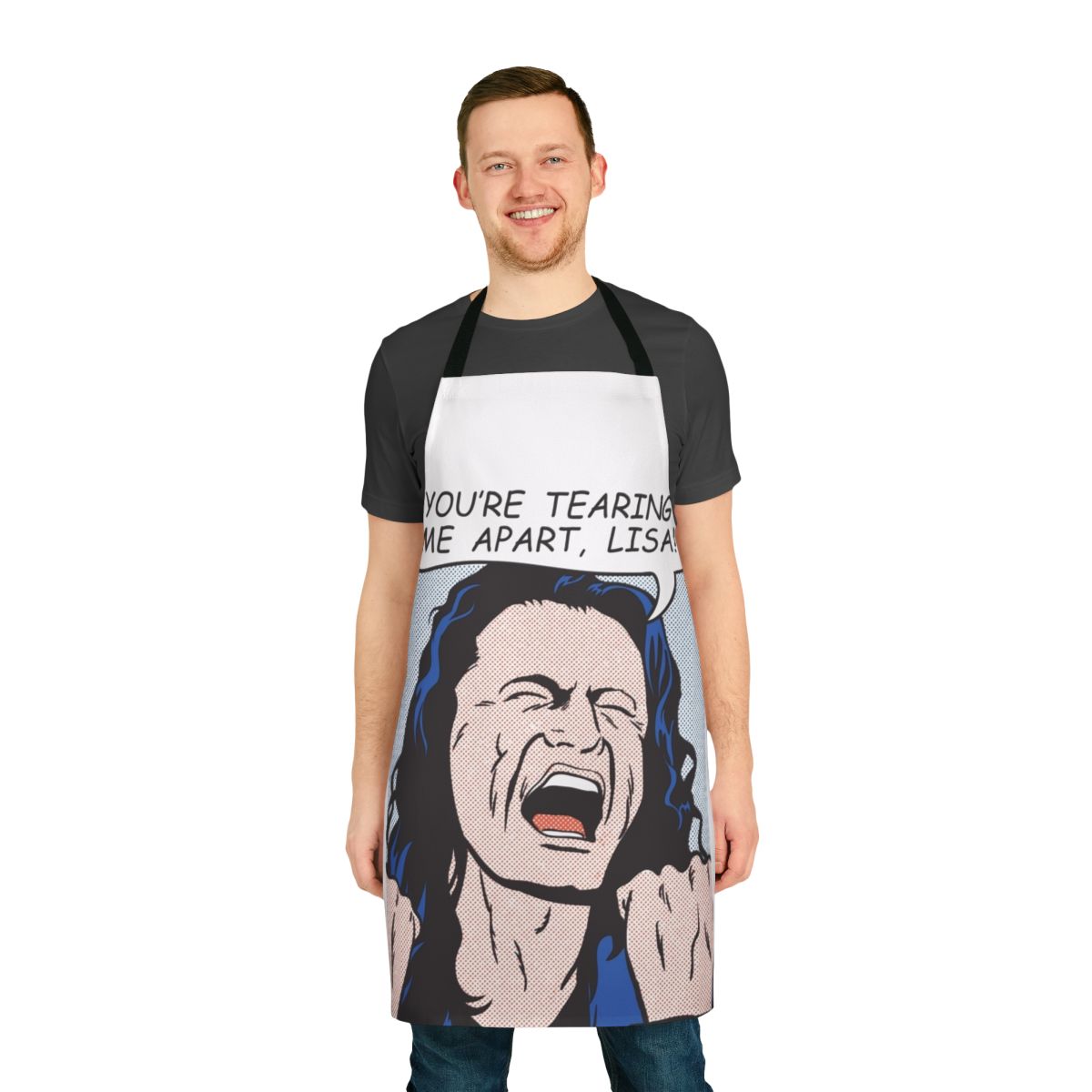 Humorous "You're Tearing Me Apart" pop art style apron featuring a drowning girl image and quotes from the cult film The Disaster Artist.
