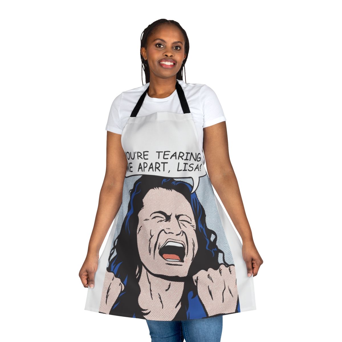 Humorous "You're Tearing Me Apart" pop art style apron featuring a drowning girl image and quotes from the cult film The Disaster Artist.