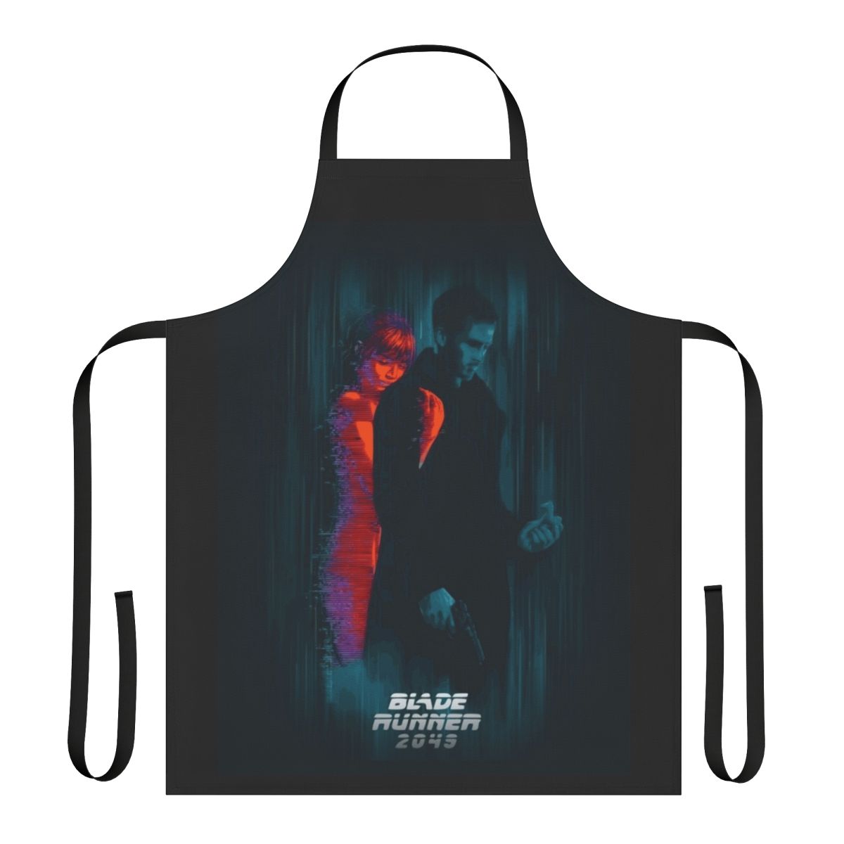 Apron featuring artwork inspired by the characters Joi and Joe from the movie Blade Runner 2049.