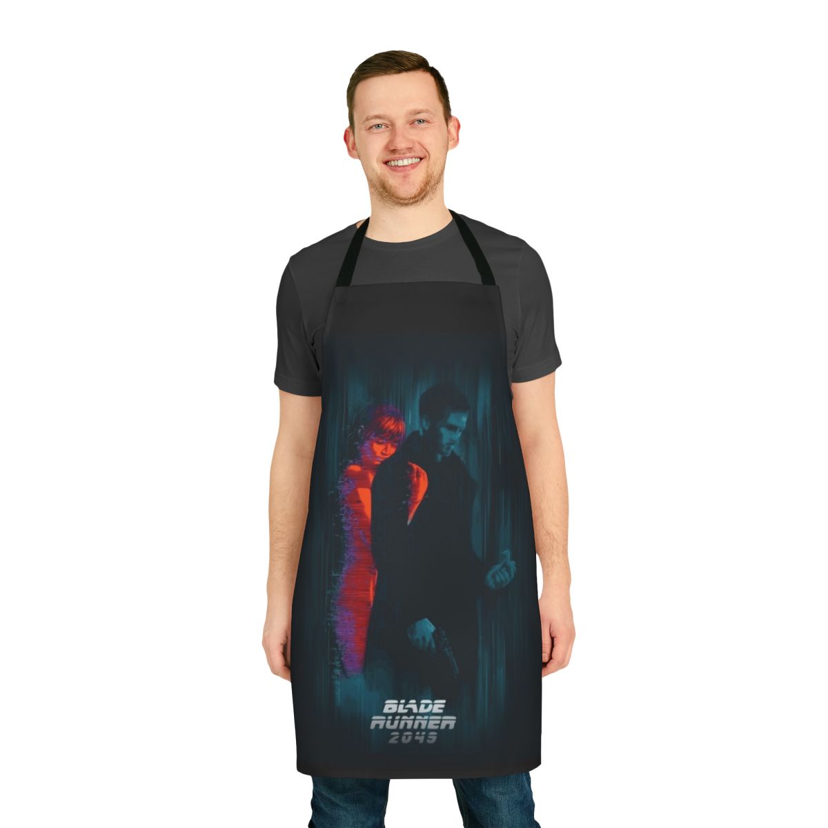 Apron featuring artwork inspired by the characters Joi and Joe from the movie Blade Runner 2049.