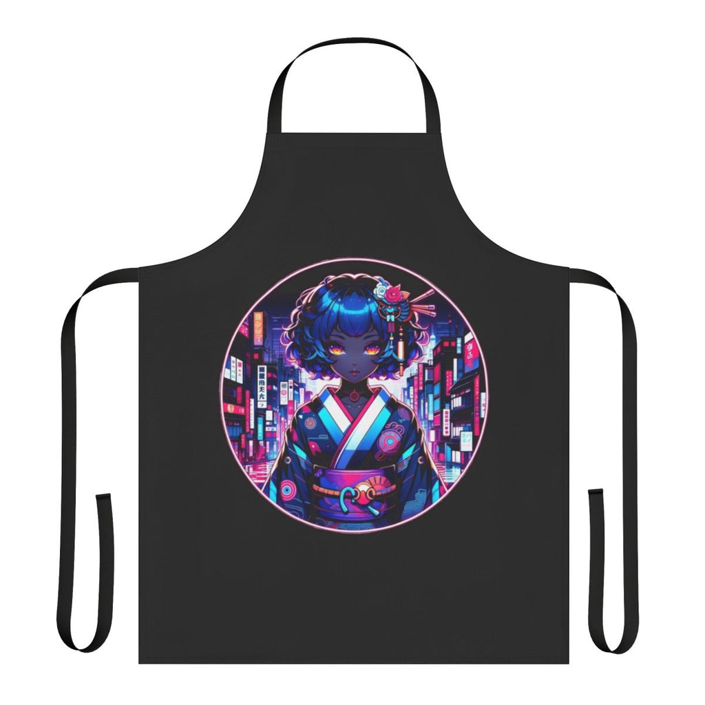 Futuristic cyberpunk-style apron with neon colors, anime-inspired design, and modern tech elements.