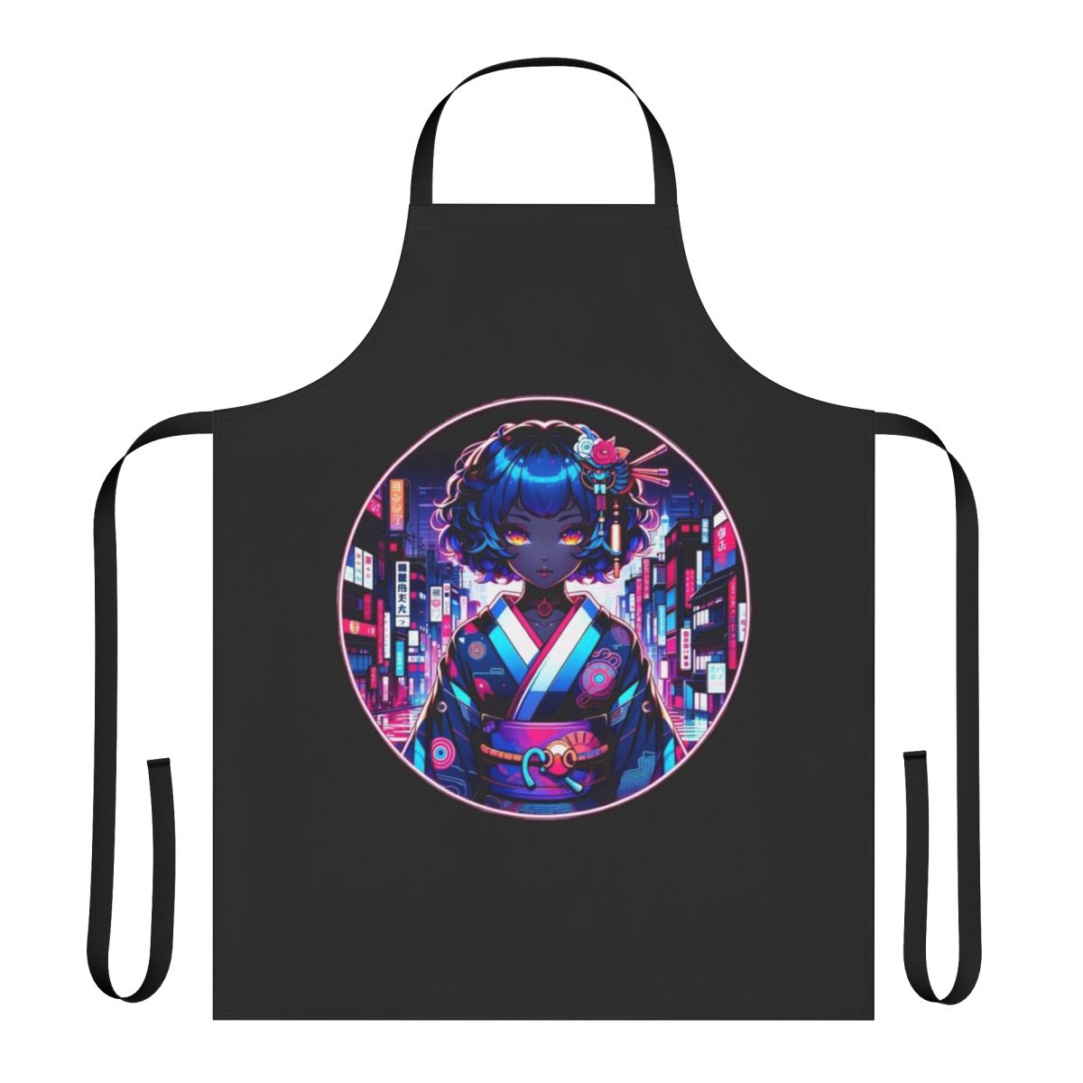 Futuristic cyberpunk-style apron with neon colors, anime-inspired design, and modern tech elements.