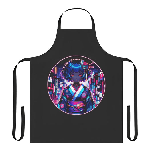 Futuristic cyberpunk-style apron with neon colors, anime-inspired design, and modern tech elements.