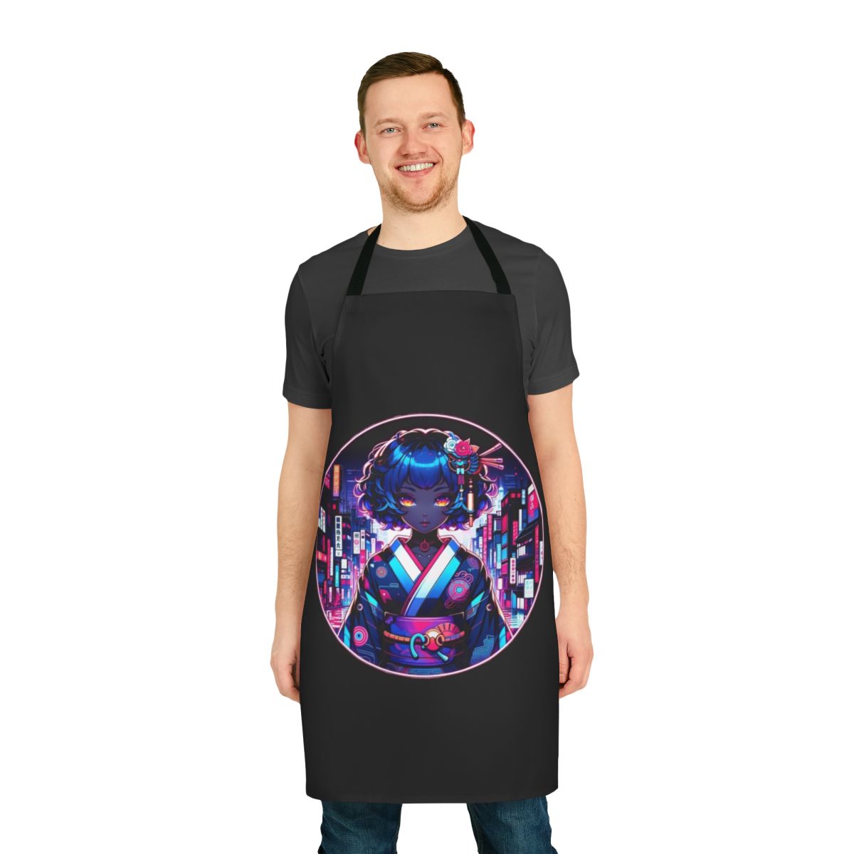 Futuristic cyberpunk-style apron with neon colors, anime-inspired design, and modern tech elements.