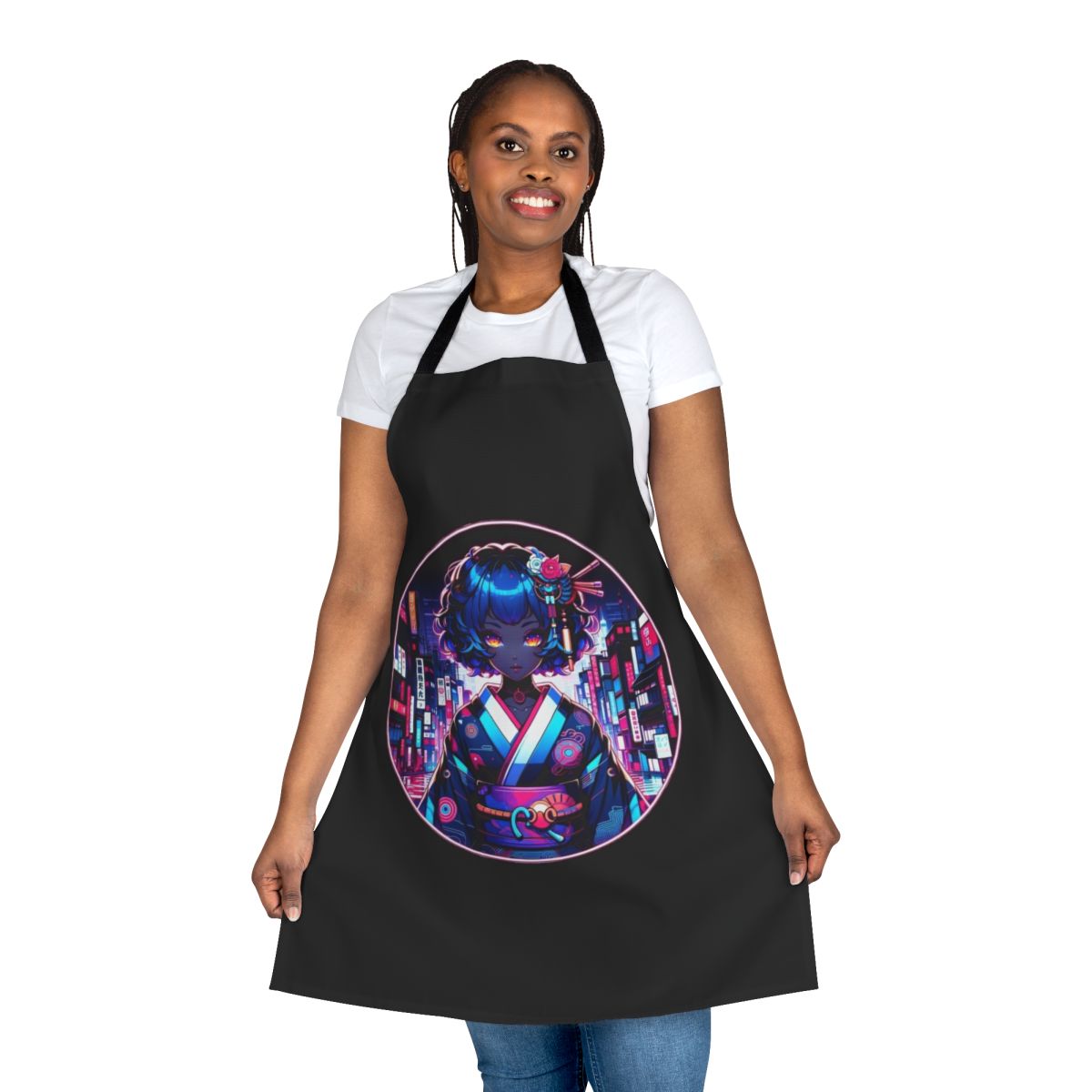 Futuristic cyberpunk-style apron with neon colors, anime-inspired design, and modern tech elements.