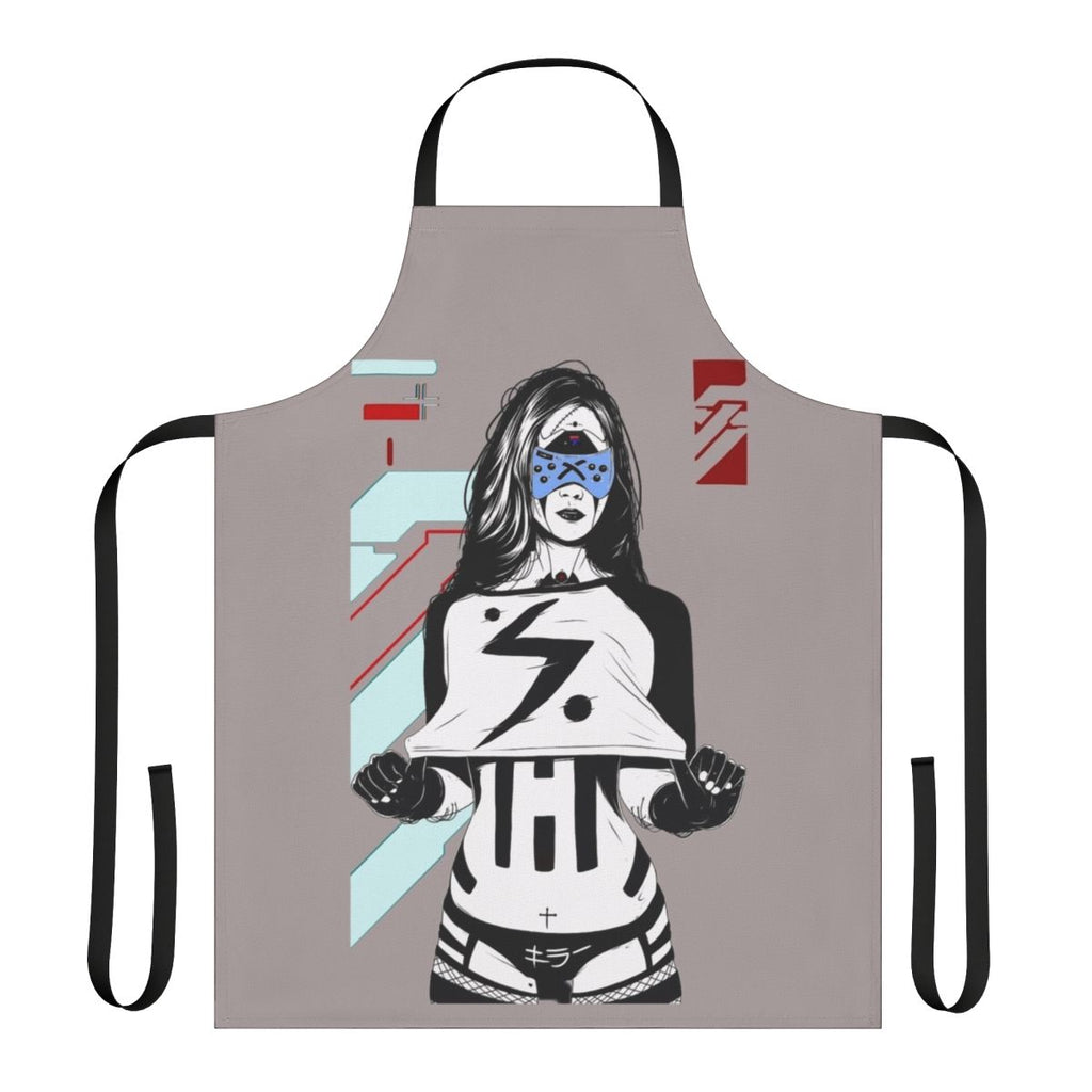 Cyberpunk-style apron with futuristic cyborg girl design