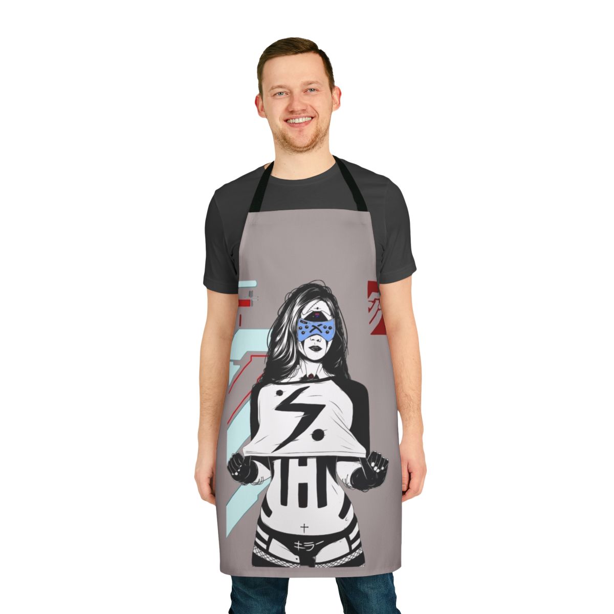 Cyberpunk-style apron with futuristic cyborg girl design