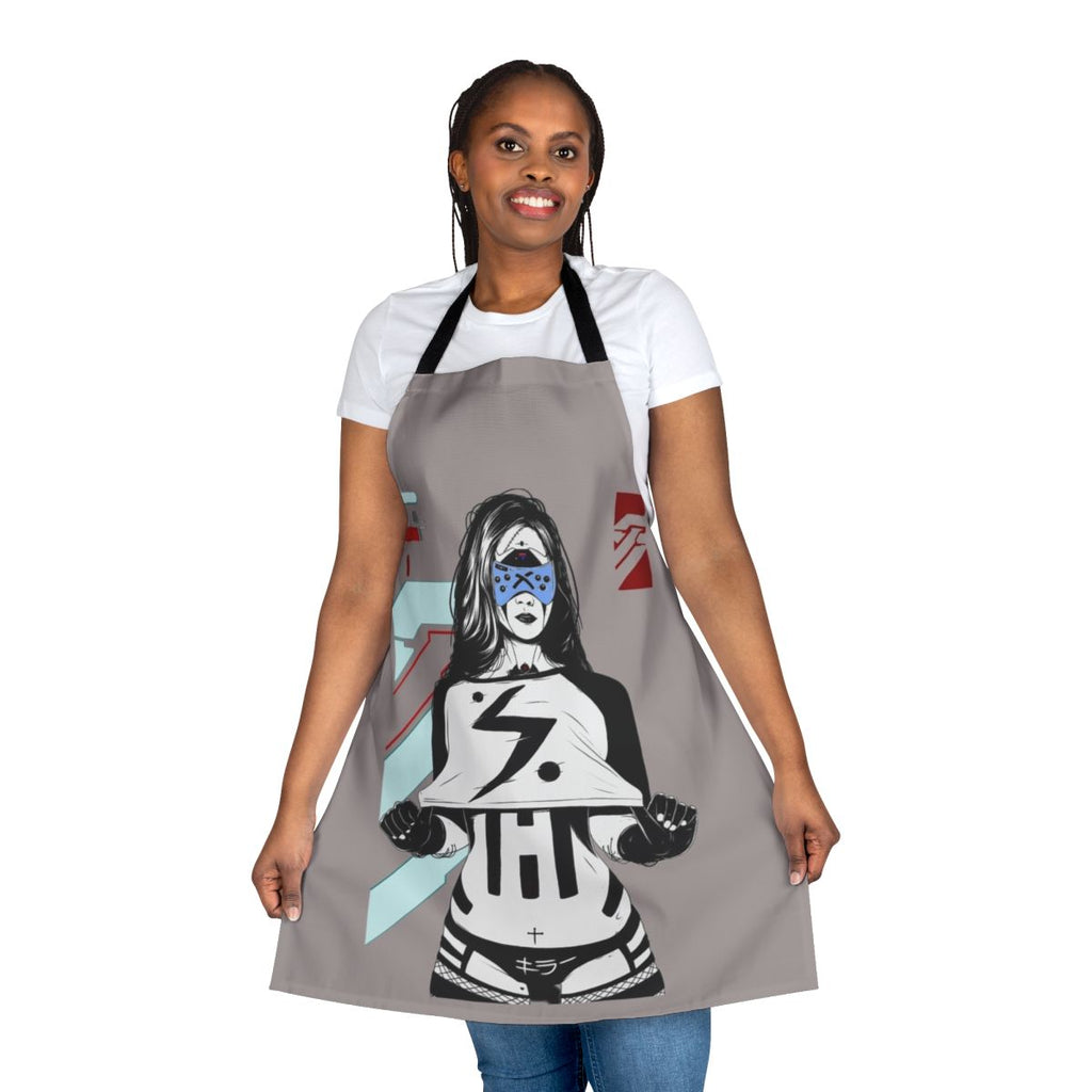 Cyberpunk-style apron with futuristic cyborg girl design
