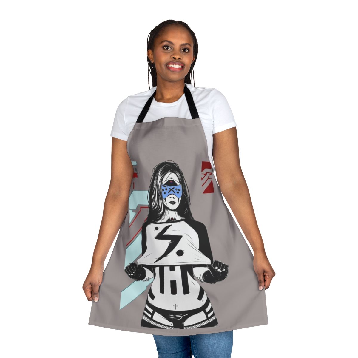 Cyberpunk-style apron with futuristic cyborg girl design
