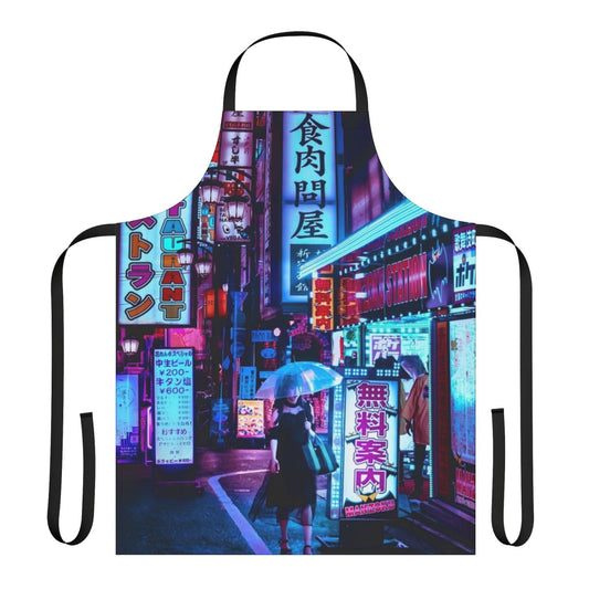 Futuristic Cyborg Queen Apron featuring a colorful sci-fi inspired design with neon lights, robots, and cyberpunk elements.