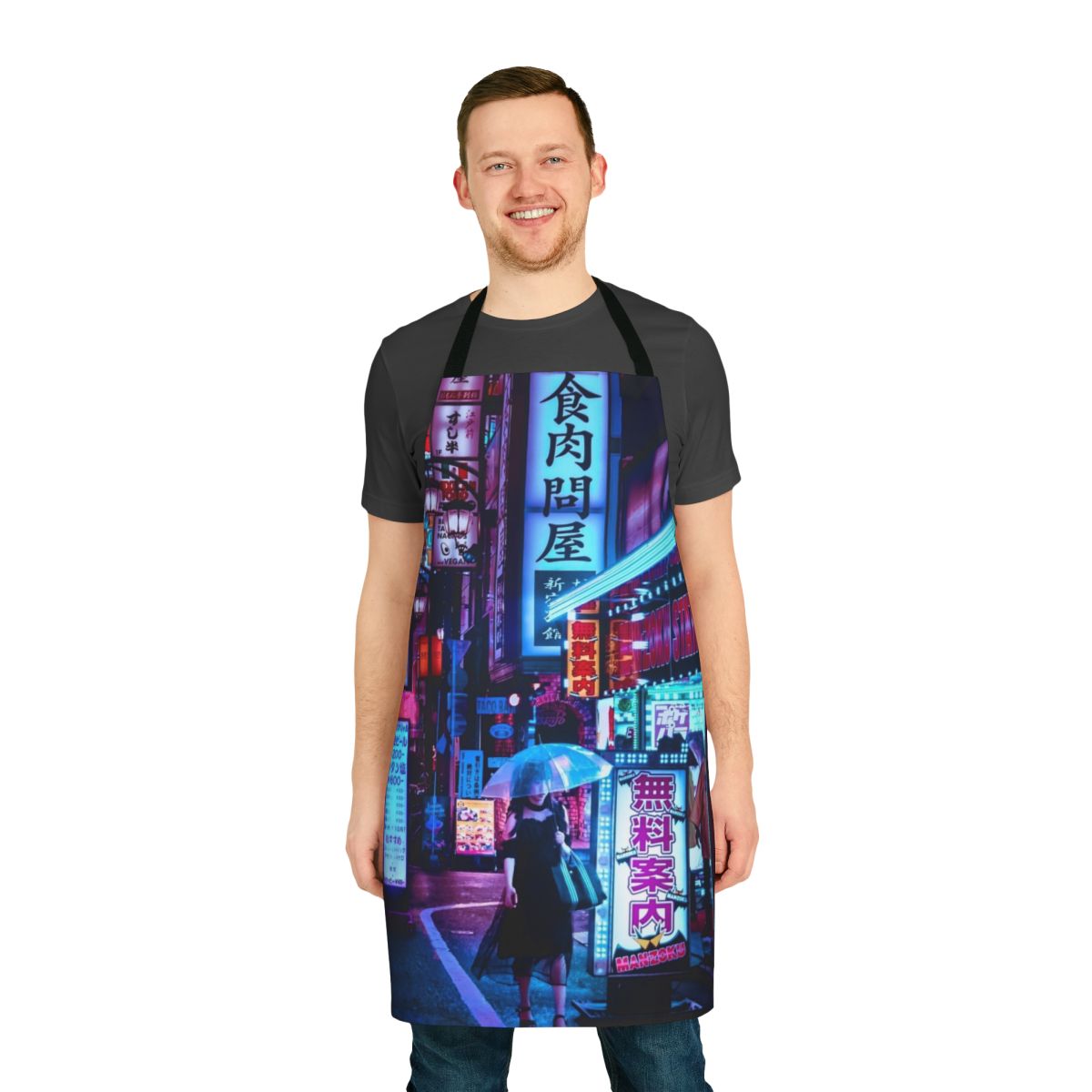 Futuristic Cyborg Queen Apron featuring a colorful sci-fi inspired design with neon lights, robots, and cyberpunk elements.