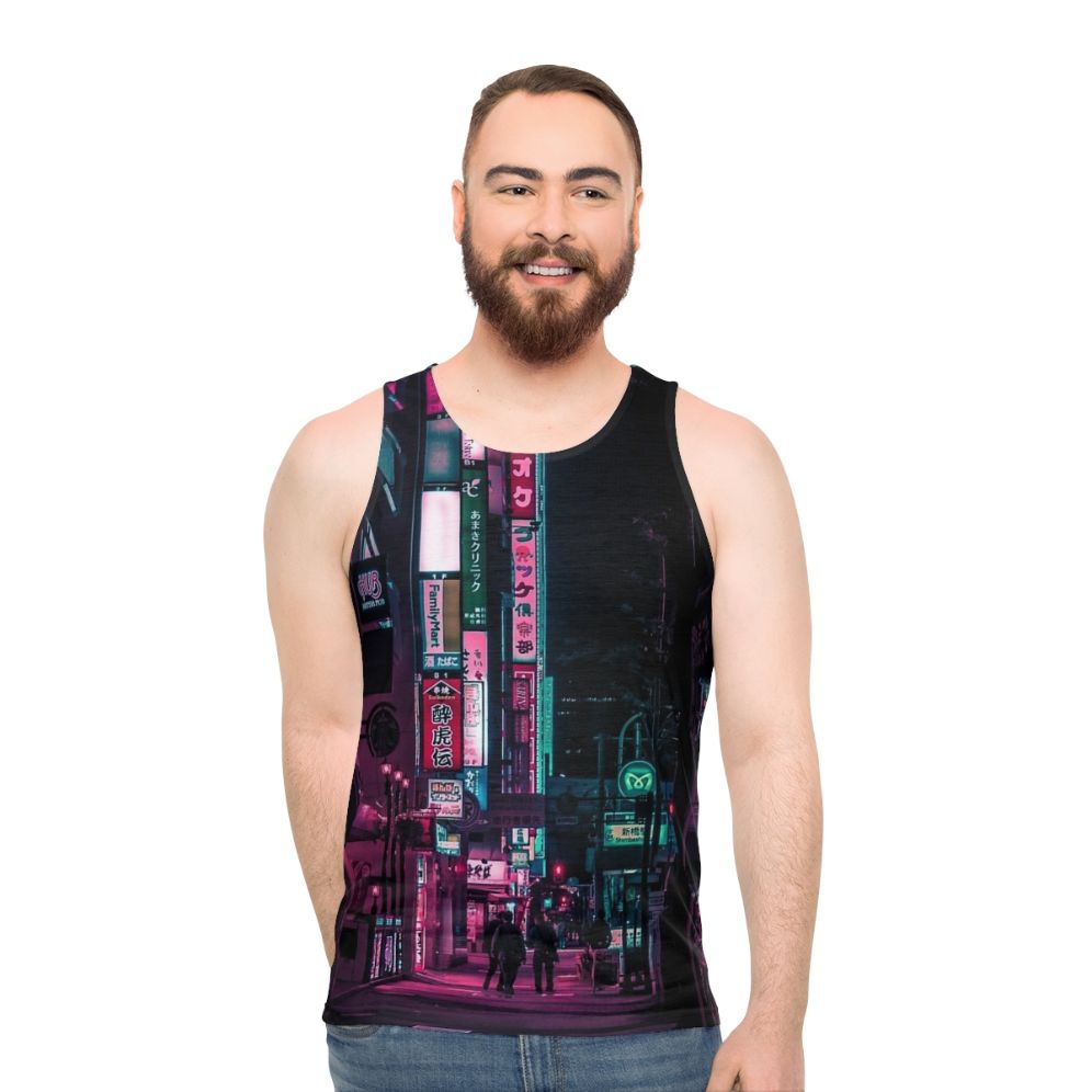 Unisex tank top featuring a futuristic, neon cyberpunk-inspired design