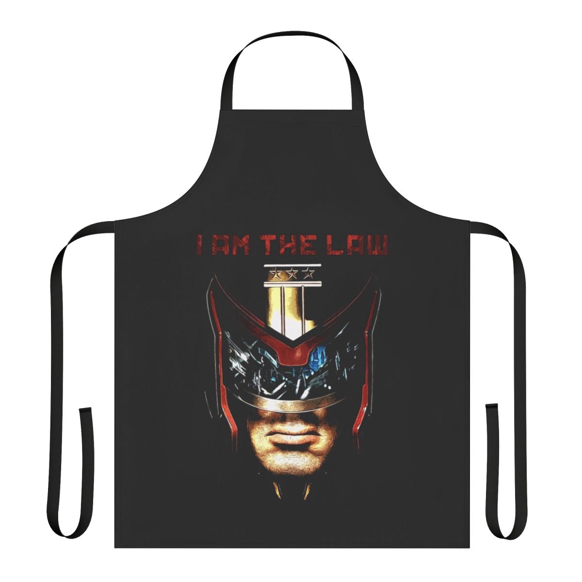 A stylish black apron featuring the iconic "I Am the Law" text from the Judge Dredd universe