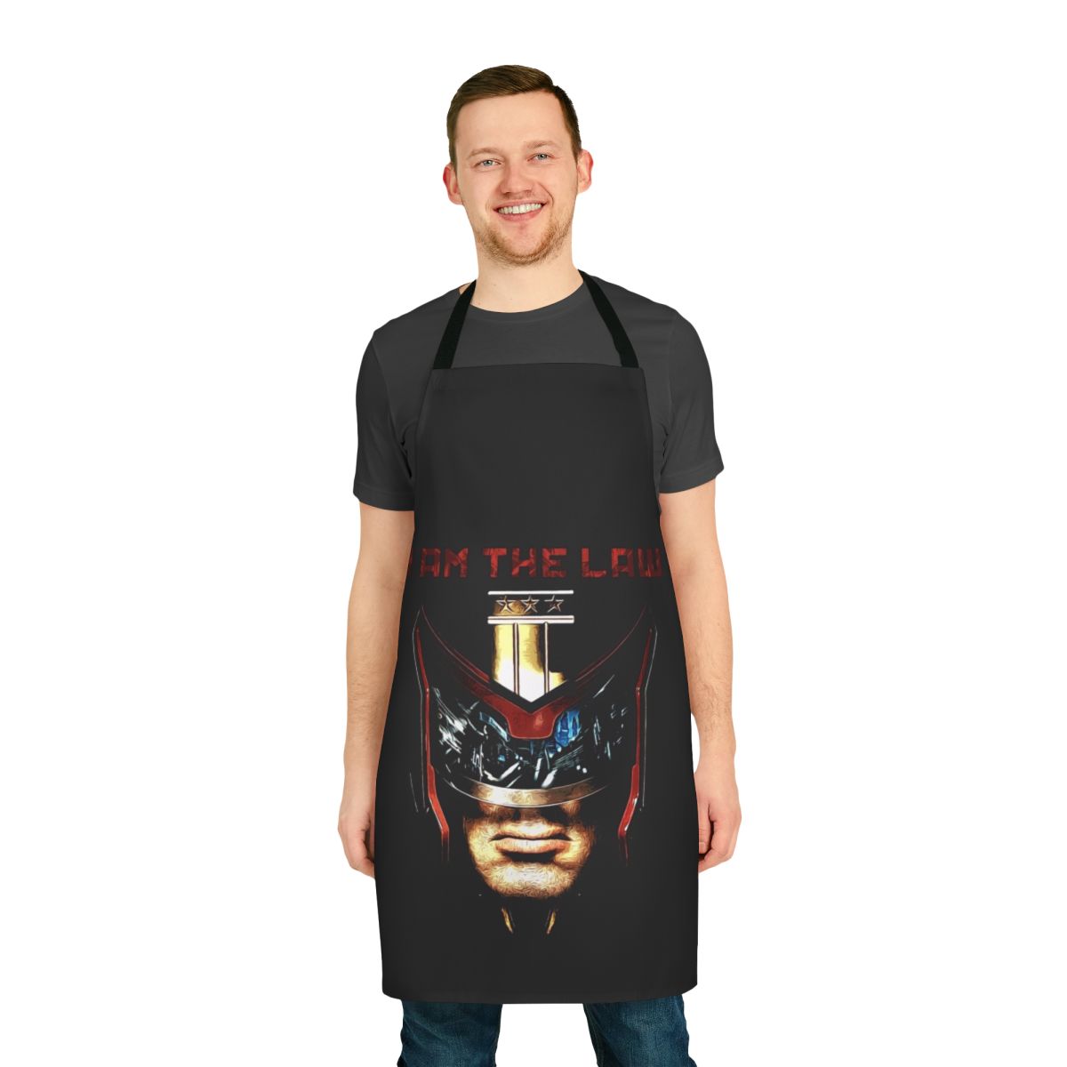 A stylish black apron featuring the iconic "I Am the Law" text from the Judge Dredd universe