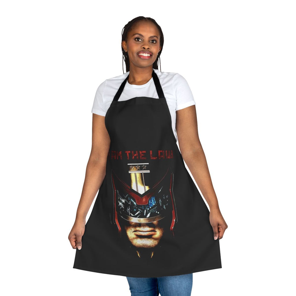 A stylish black apron featuring the iconic "I Am the Law" text from the Judge Dredd universe
