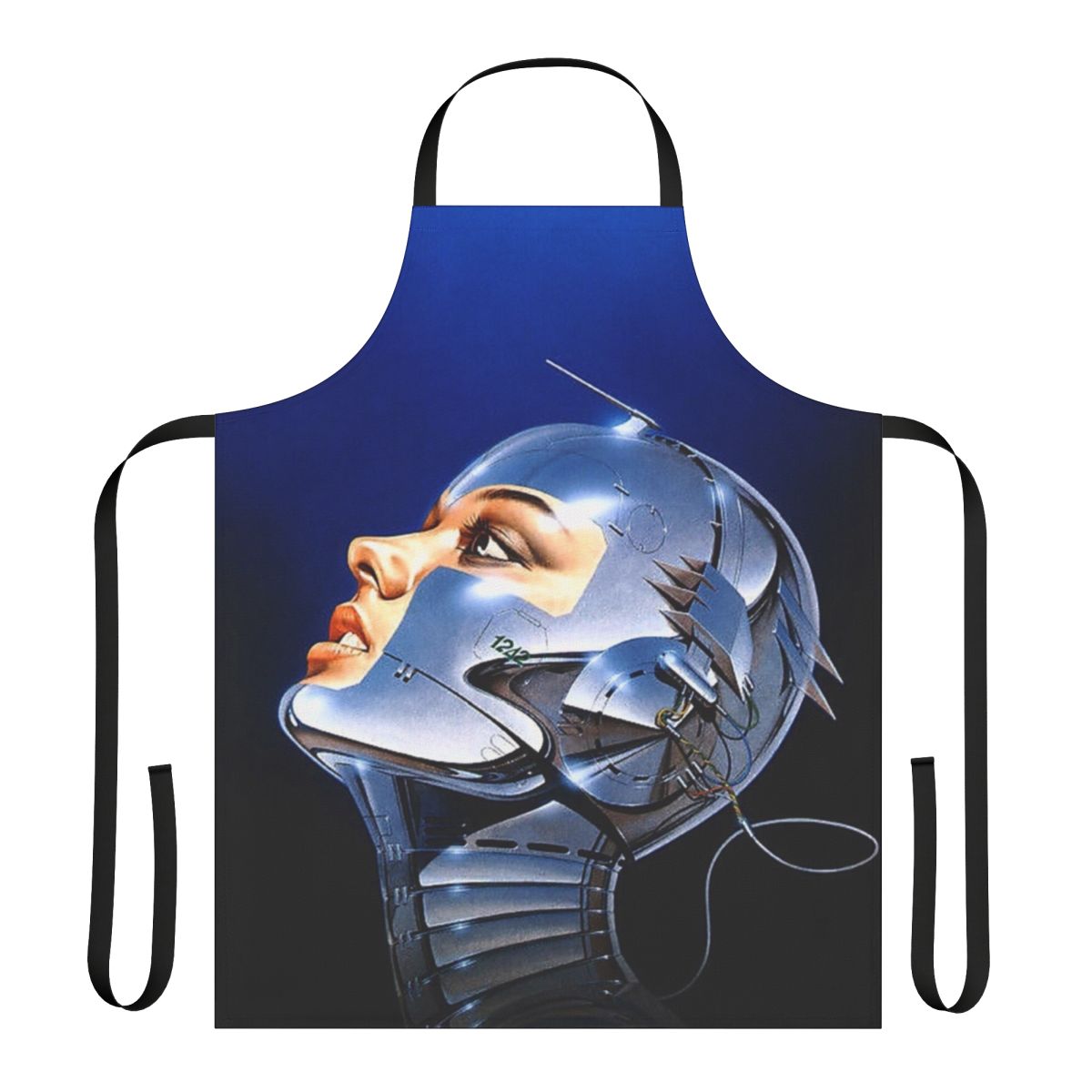 Futuristic metal music head apron featuring a robotic, sci-fi inspired design by renowned Japanese artist Hajime Sorayama