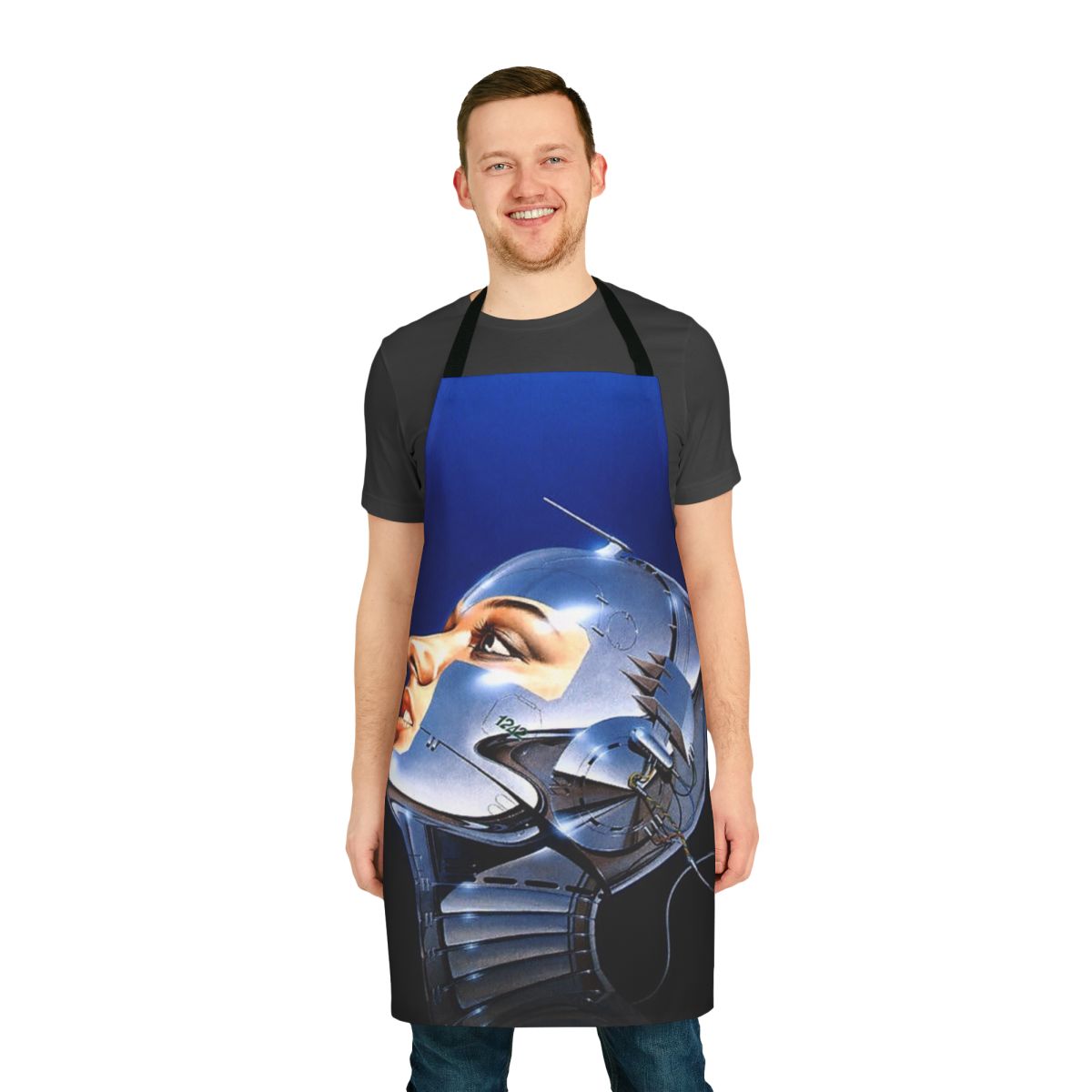 Futuristic metal music head apron featuring a robotic, sci-fi inspired design by renowned Japanese artist Hajime Sorayama