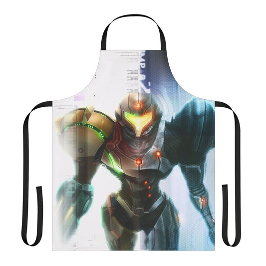 A grey and orange apron with a Metroid-inspired design, featuring a sleek, futuristic style.