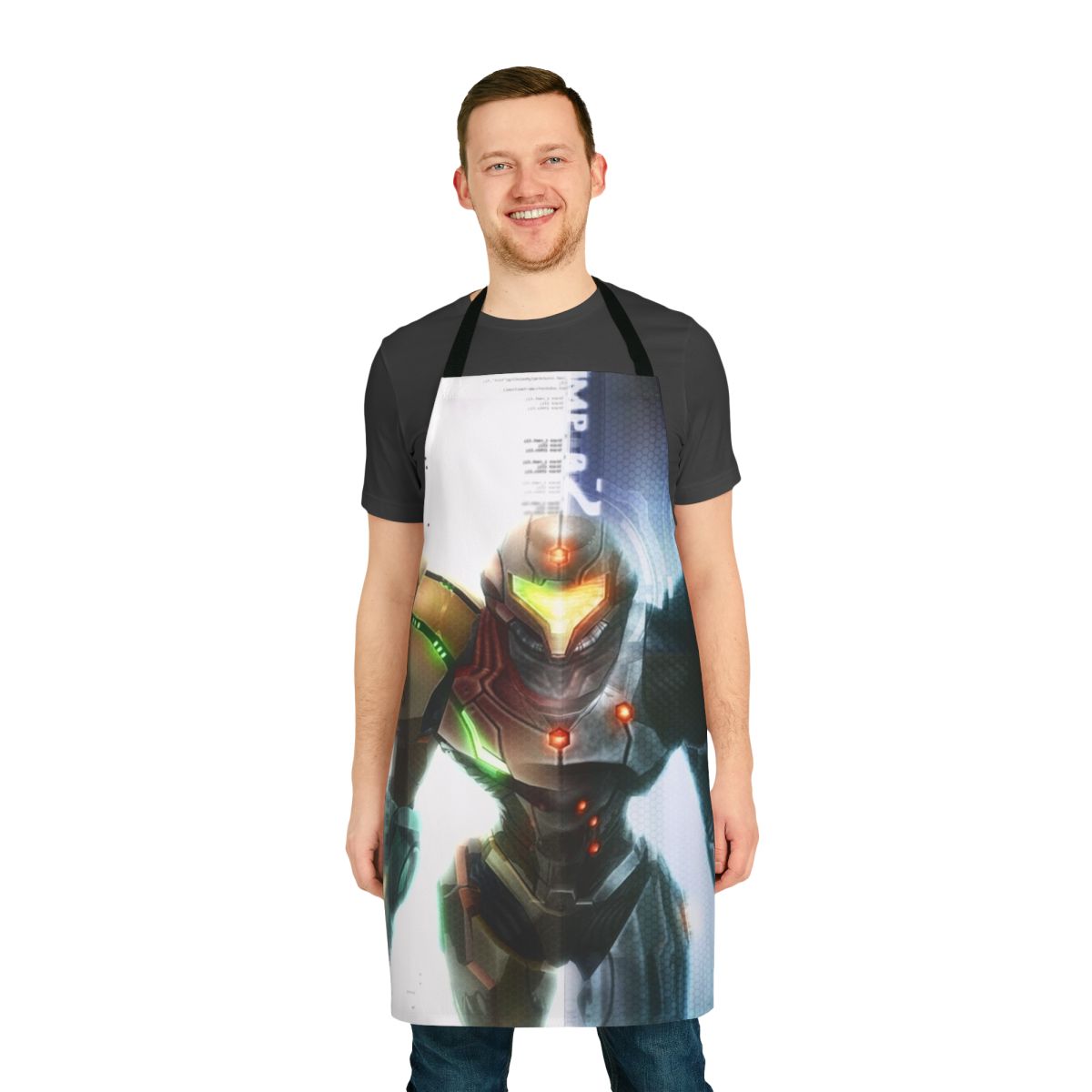 A grey and orange apron with a Metroid-inspired design, featuring a sleek, futuristic style.