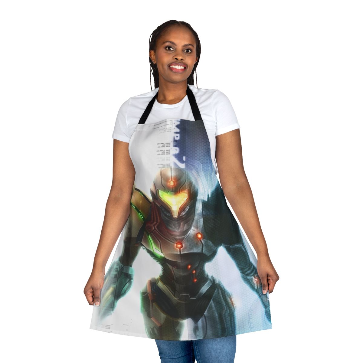 A grey and orange apron with a Metroid-inspired design, featuring a sleek, futuristic style.