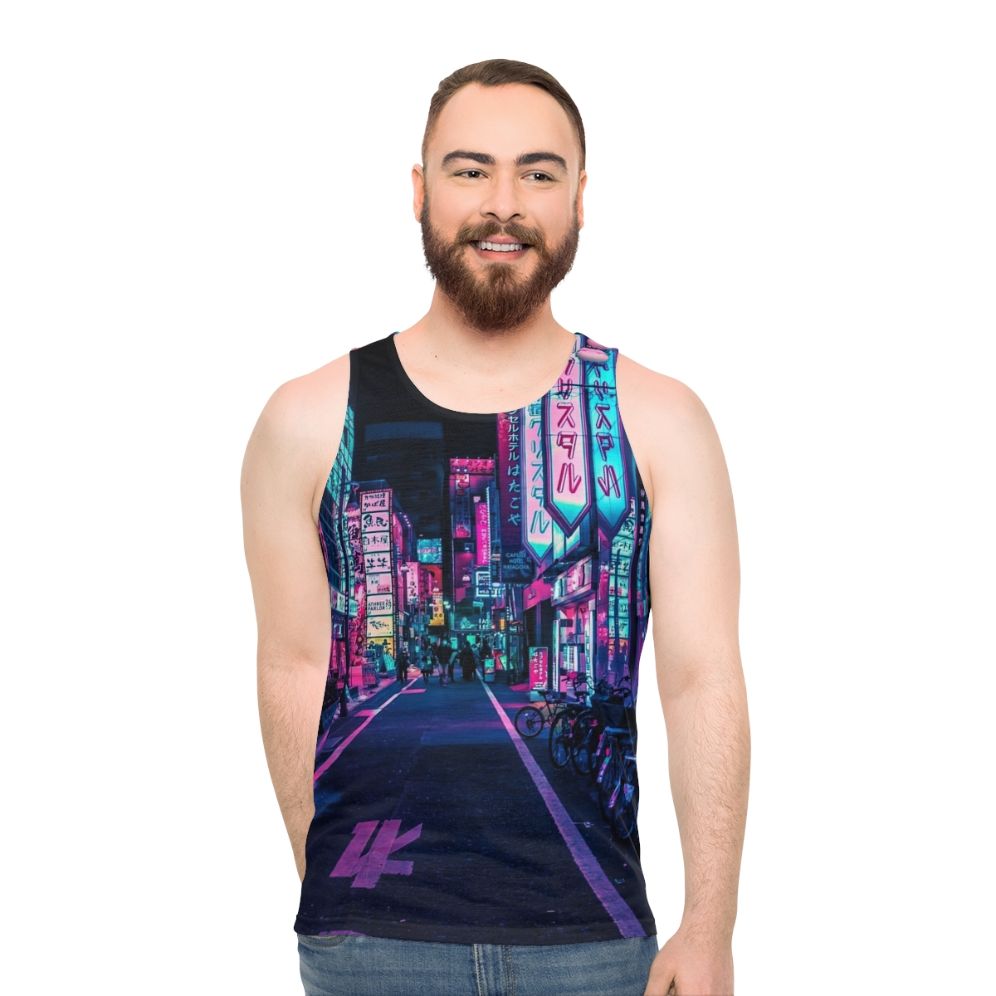 Futuristic neon unisex tank top with Japanese streetwear design