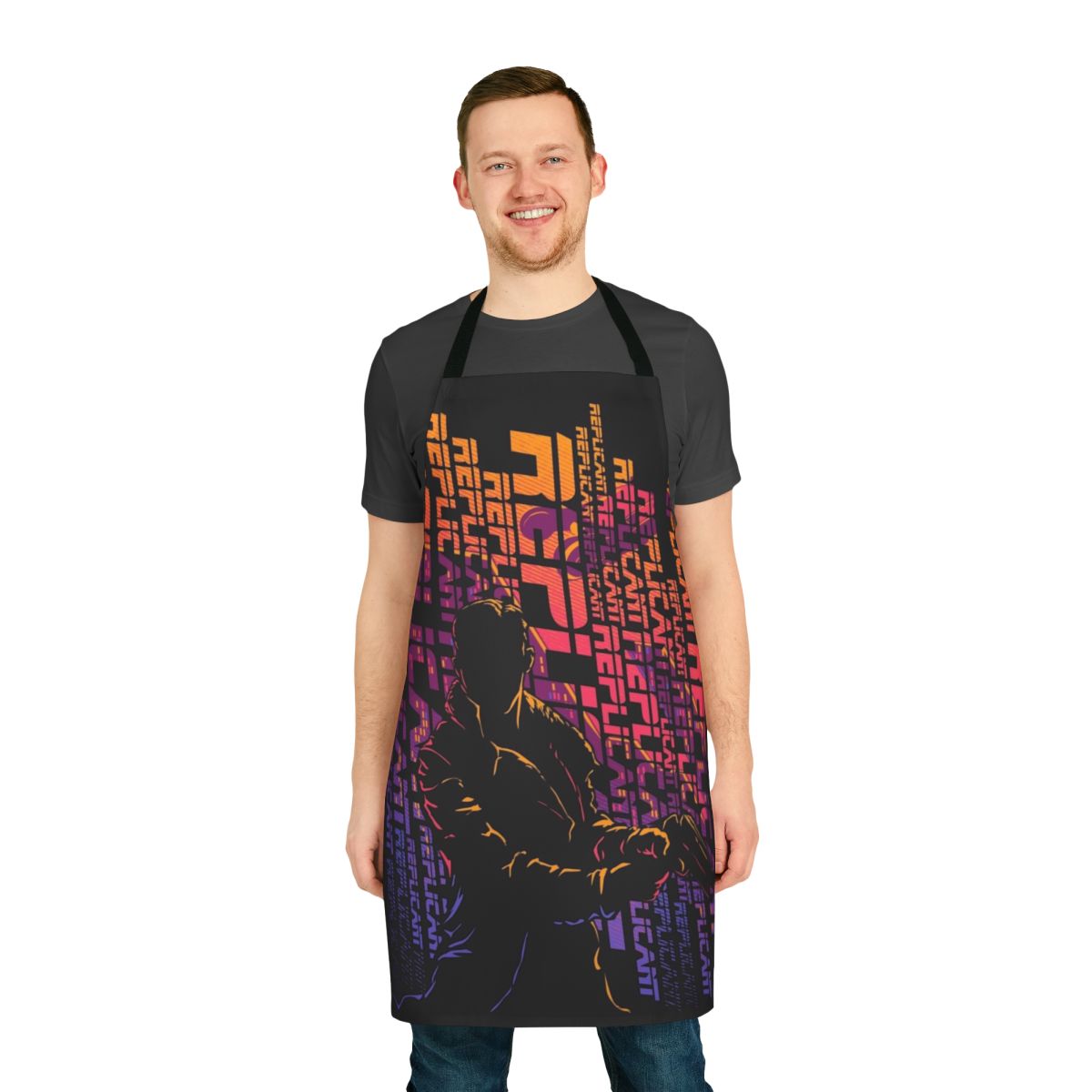 Apron with a futuristic, dystopian cityscape inspired by the Blade Runner movies